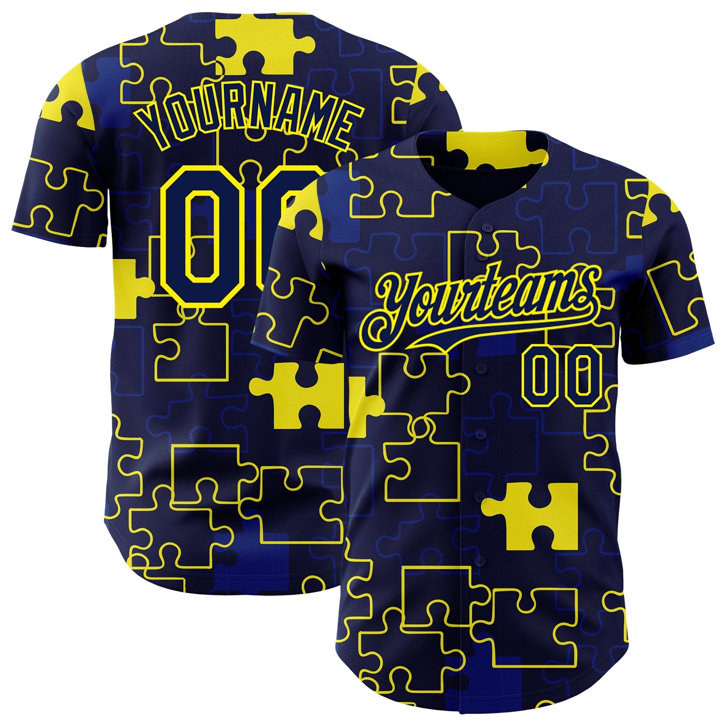 Custom Navy-Light Yellow Puzzle 3D Pattern Design Authentic Baseball Jersey - Main View