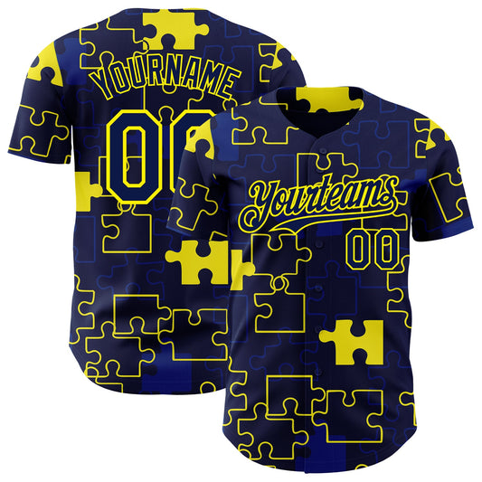 Custom Navy-Light Yellow Puzzle 3D Pattern Design Authentic Baseball Jersey - Main View