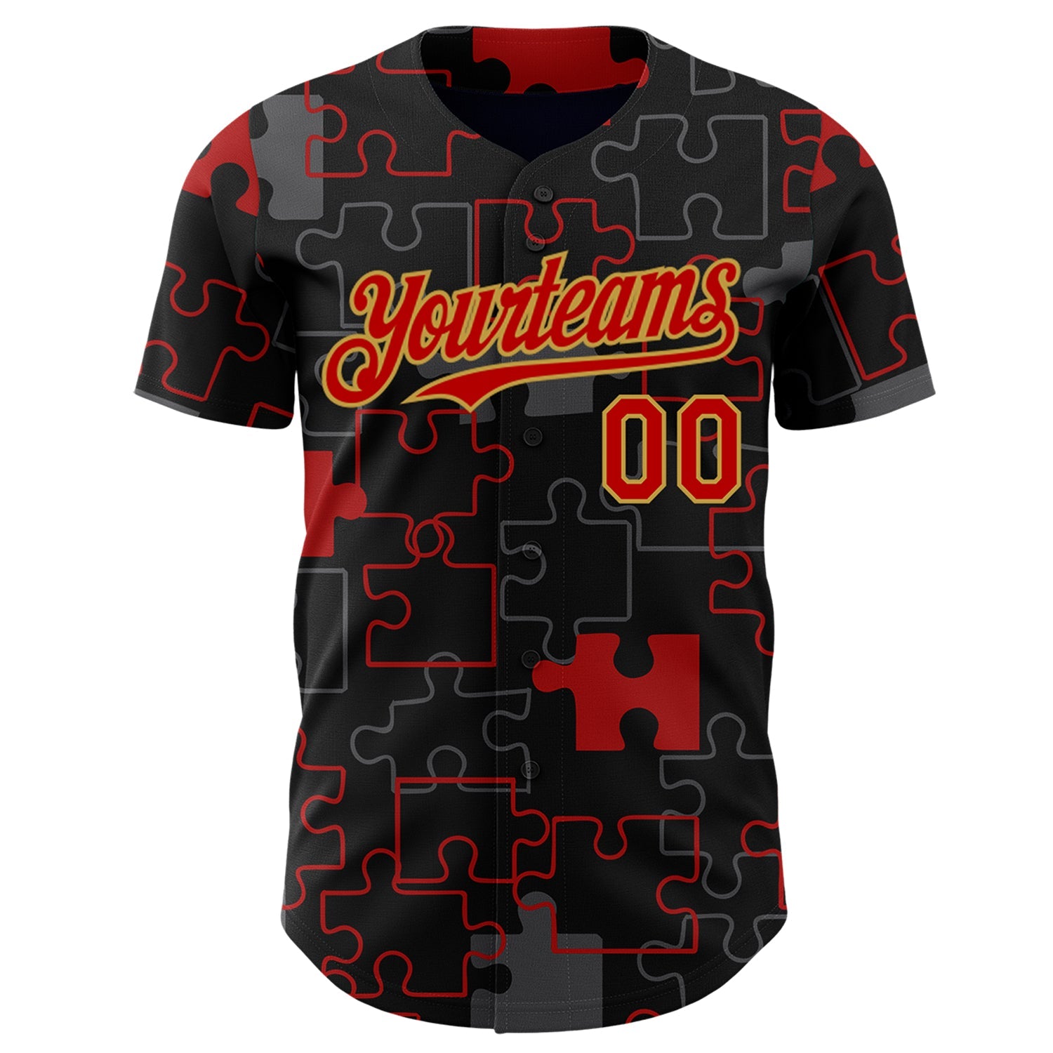 Custom Black Red-Old Gold Puzzle 3D Pattern Design Authentic Baseball Jersey view 2
