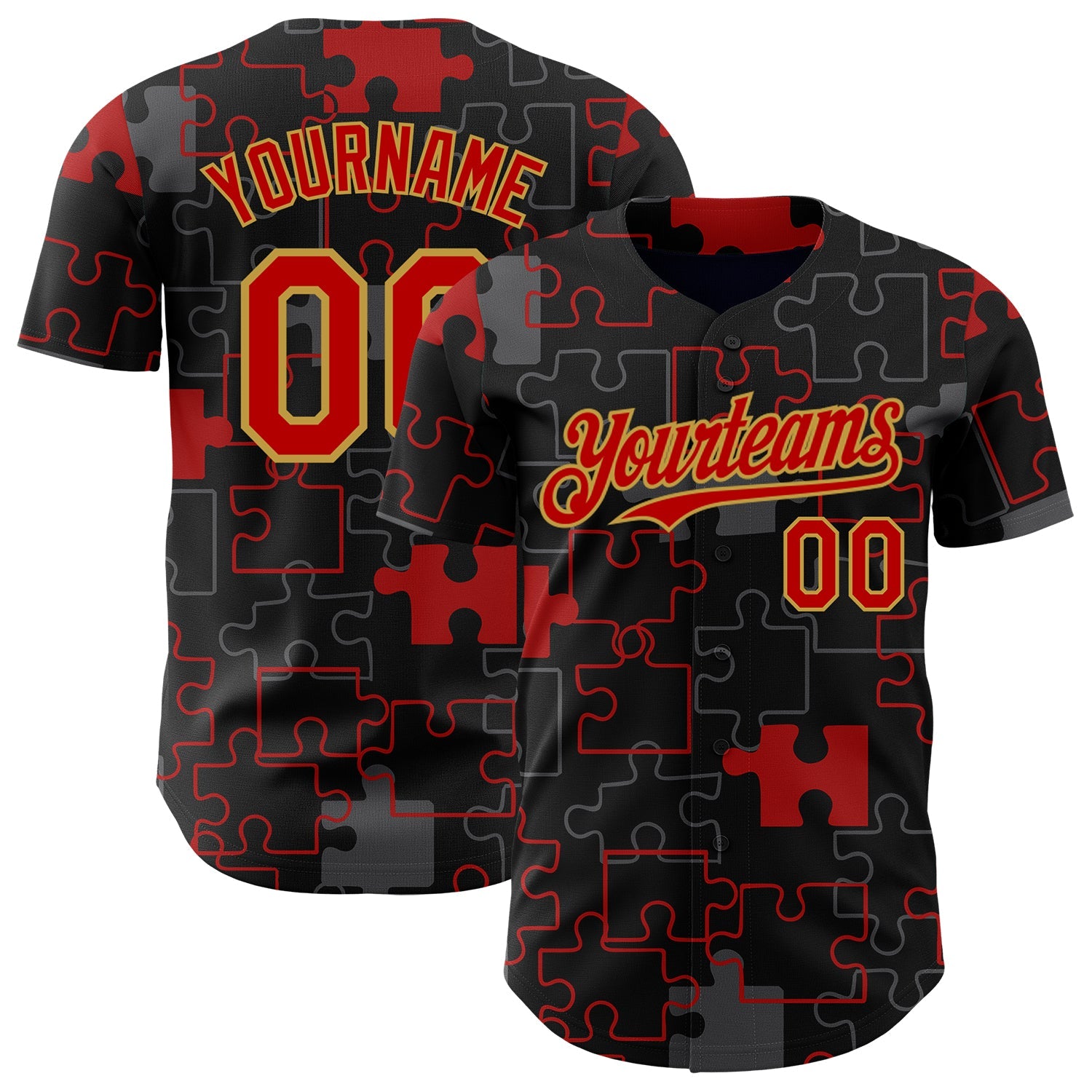 Custom Black Red-Old Gold Puzzle 3D Pattern Design Authentic Baseball Jersey - Main View