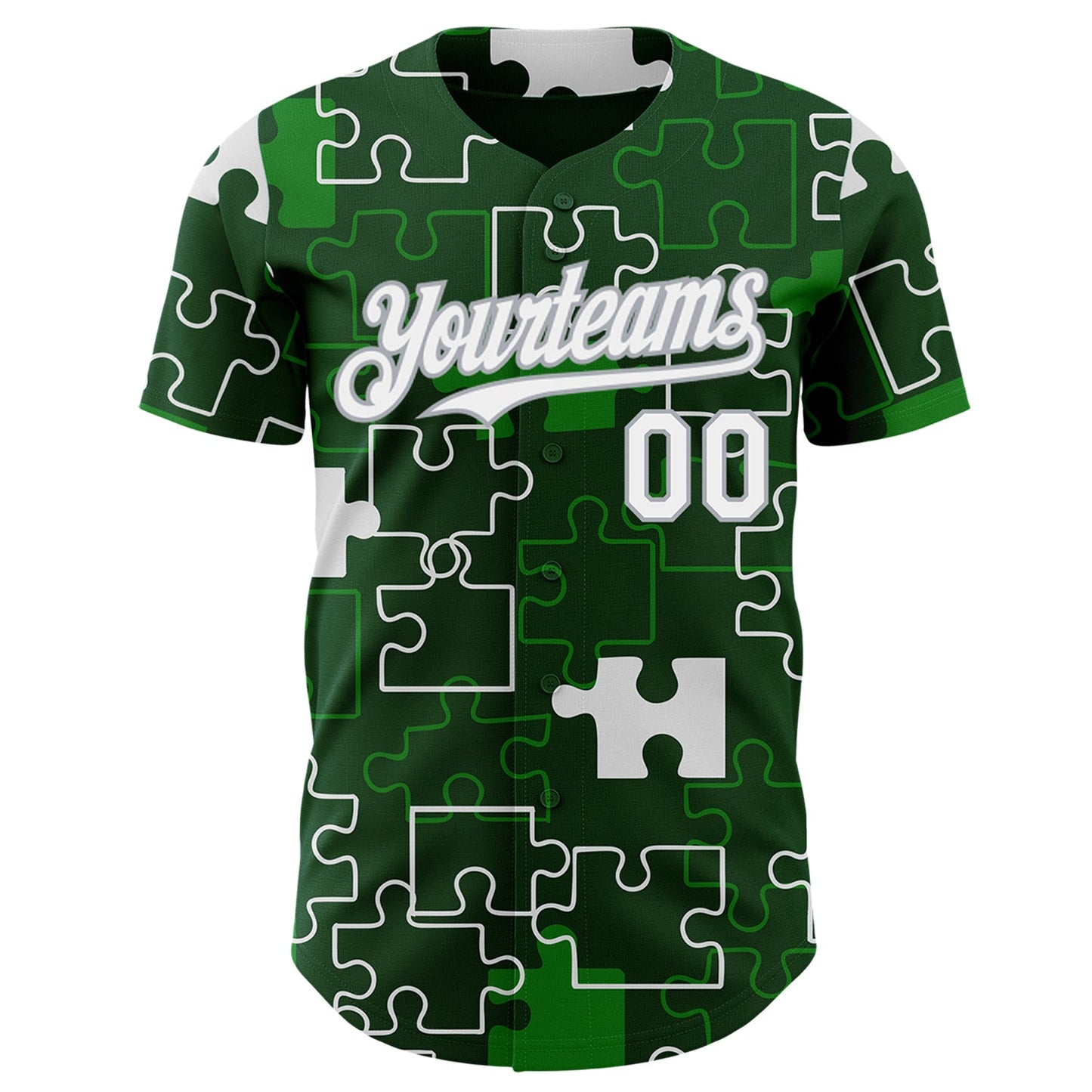 Custom Green White-Gray Puzzle 3D Pattern Design Authentic Baseball Jersey view 2