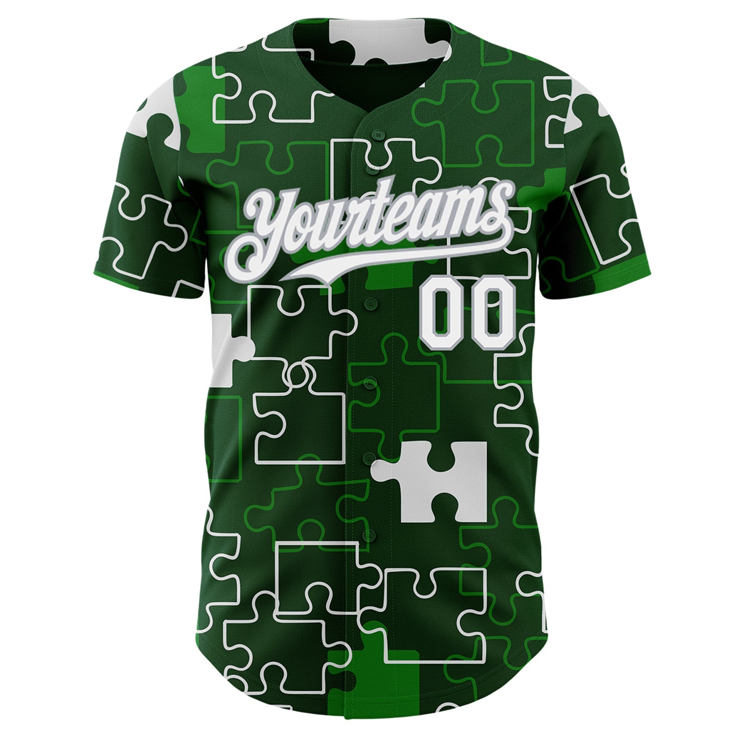 Custom Green White-Gray Puzzle 3D Pattern Design Authentic Baseball Jersey view 2