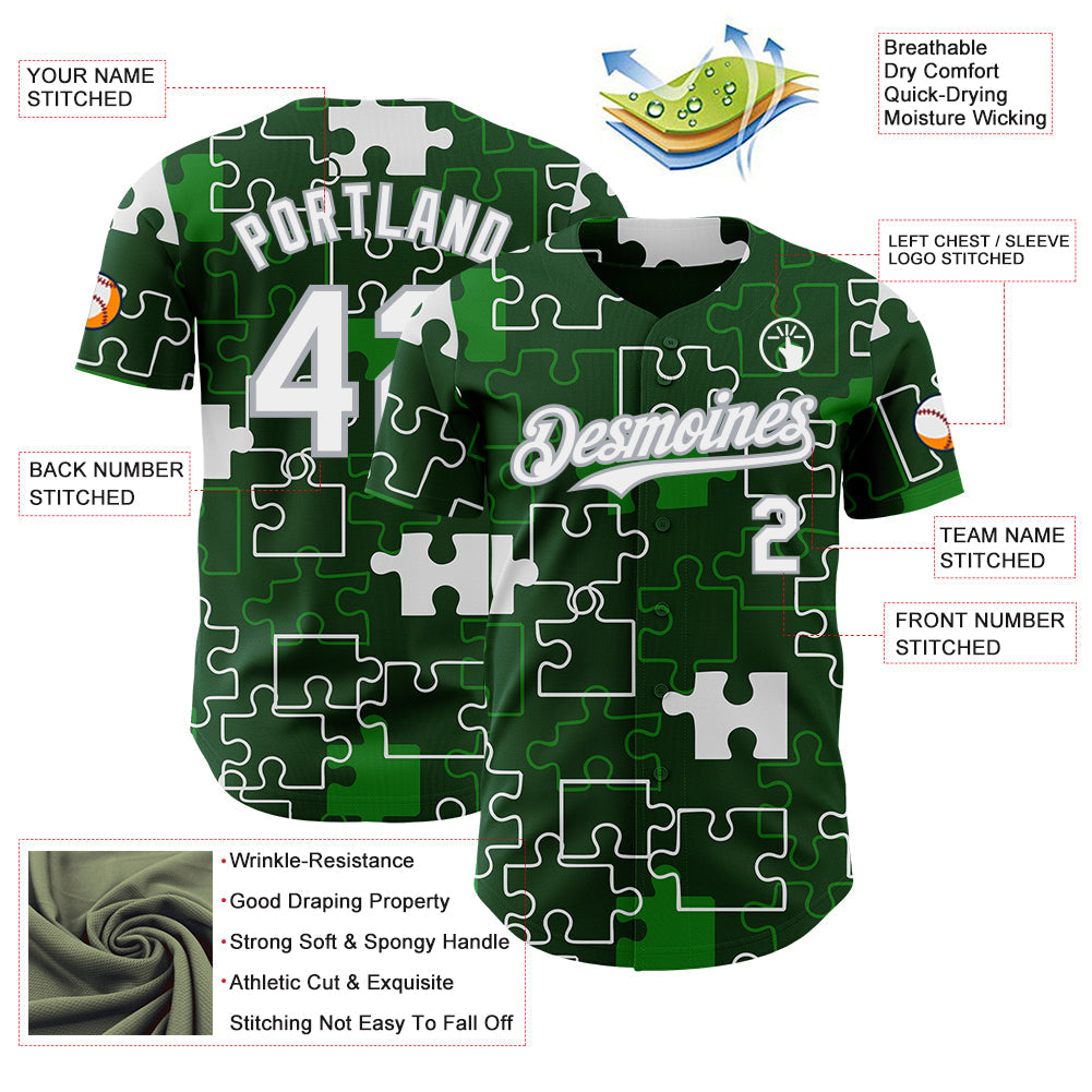 Custom Green White-Gray Puzzle 3D Pattern Design Authentic Baseball Jersey view 3