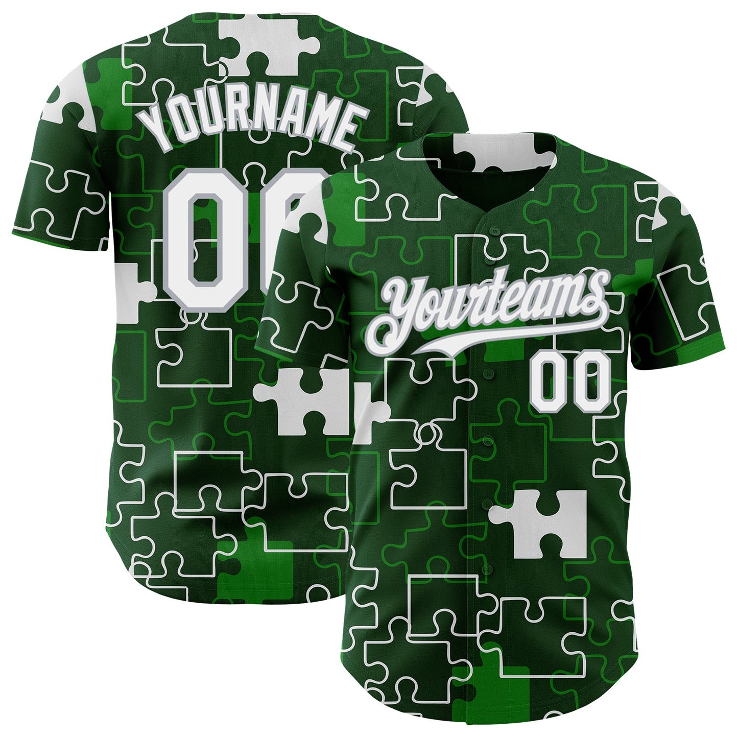 Custom Green White-Gray Puzzle 3D Pattern Design Authentic Baseball Jersey - Main View