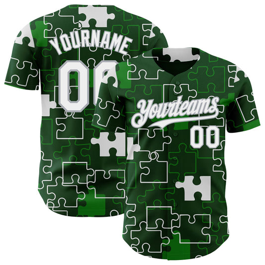 Custom Green White-Gray Puzzle 3D Pattern Design Authentic Baseball Jersey - Main View