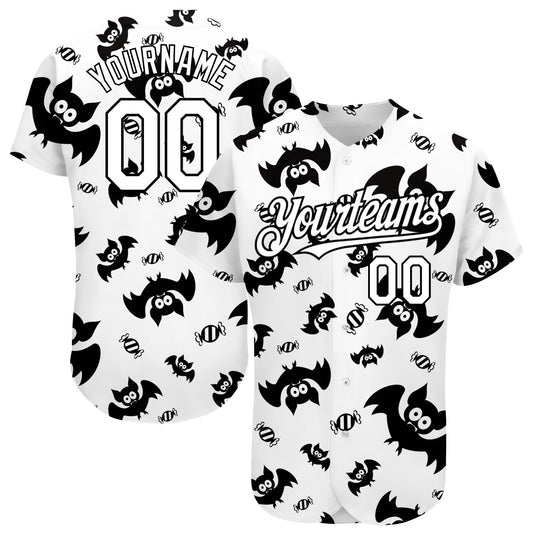 Custom White Black 3D Pattern Design Bat Authentic Baseball Jersey - Main View