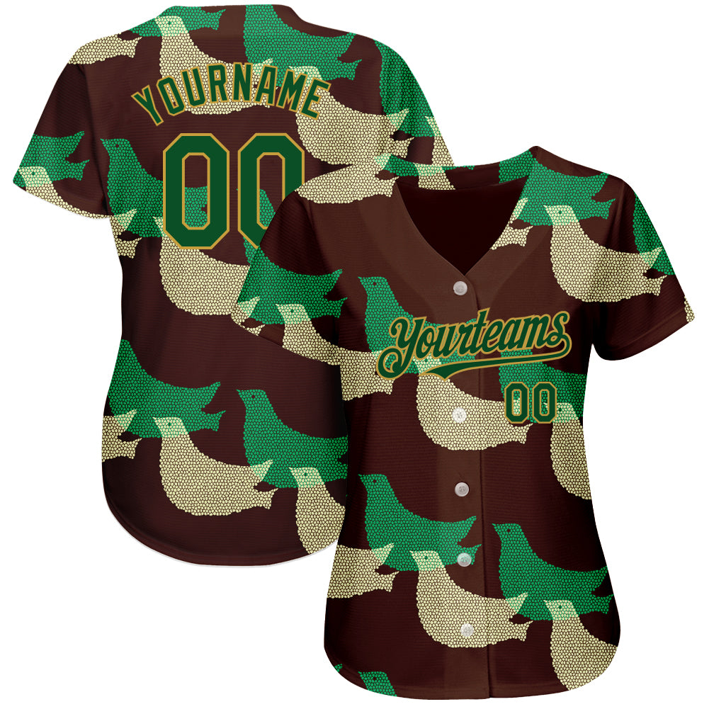 Custom Black Green-Old Gold 3D Pattern Design Bird Authentic Baseball Jersey view 2