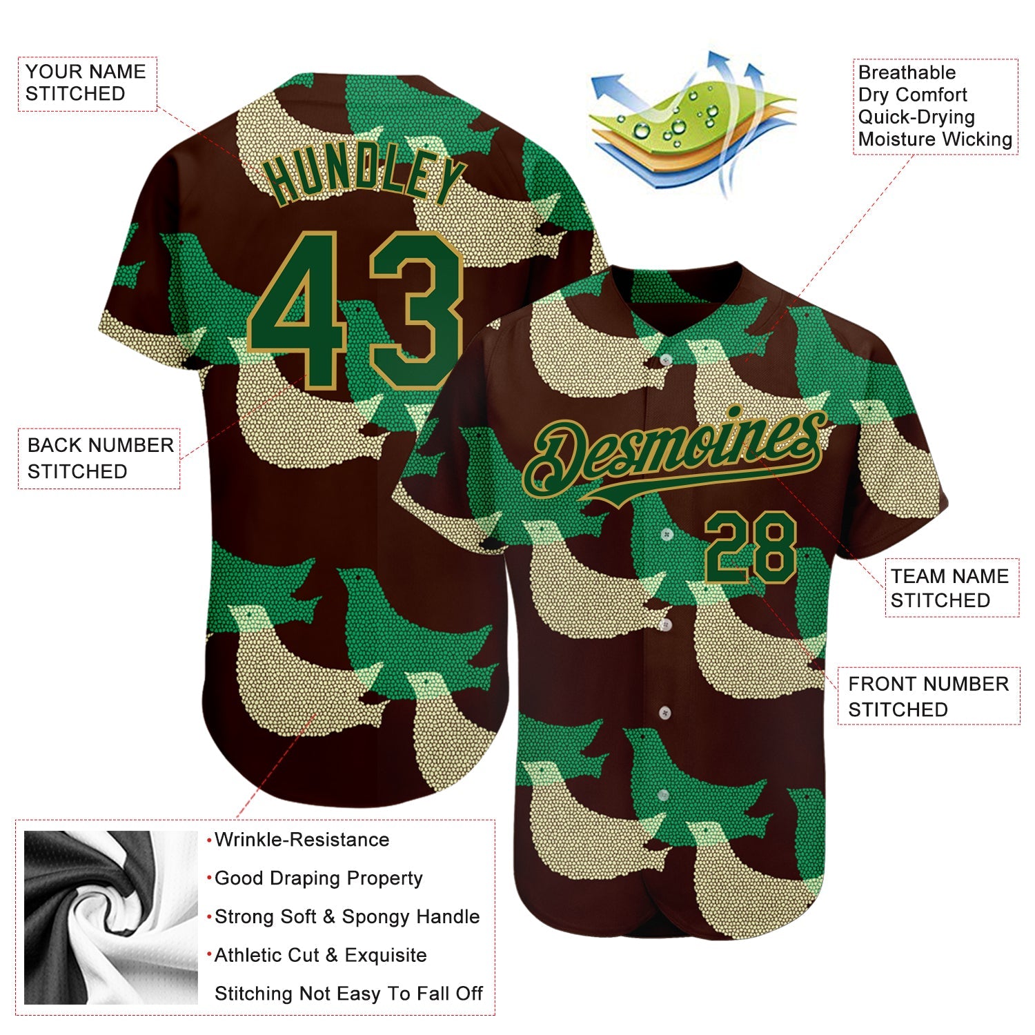 Custom Black Green-Old Gold 3D Pattern Design Bird Authentic Baseball Jersey view 3