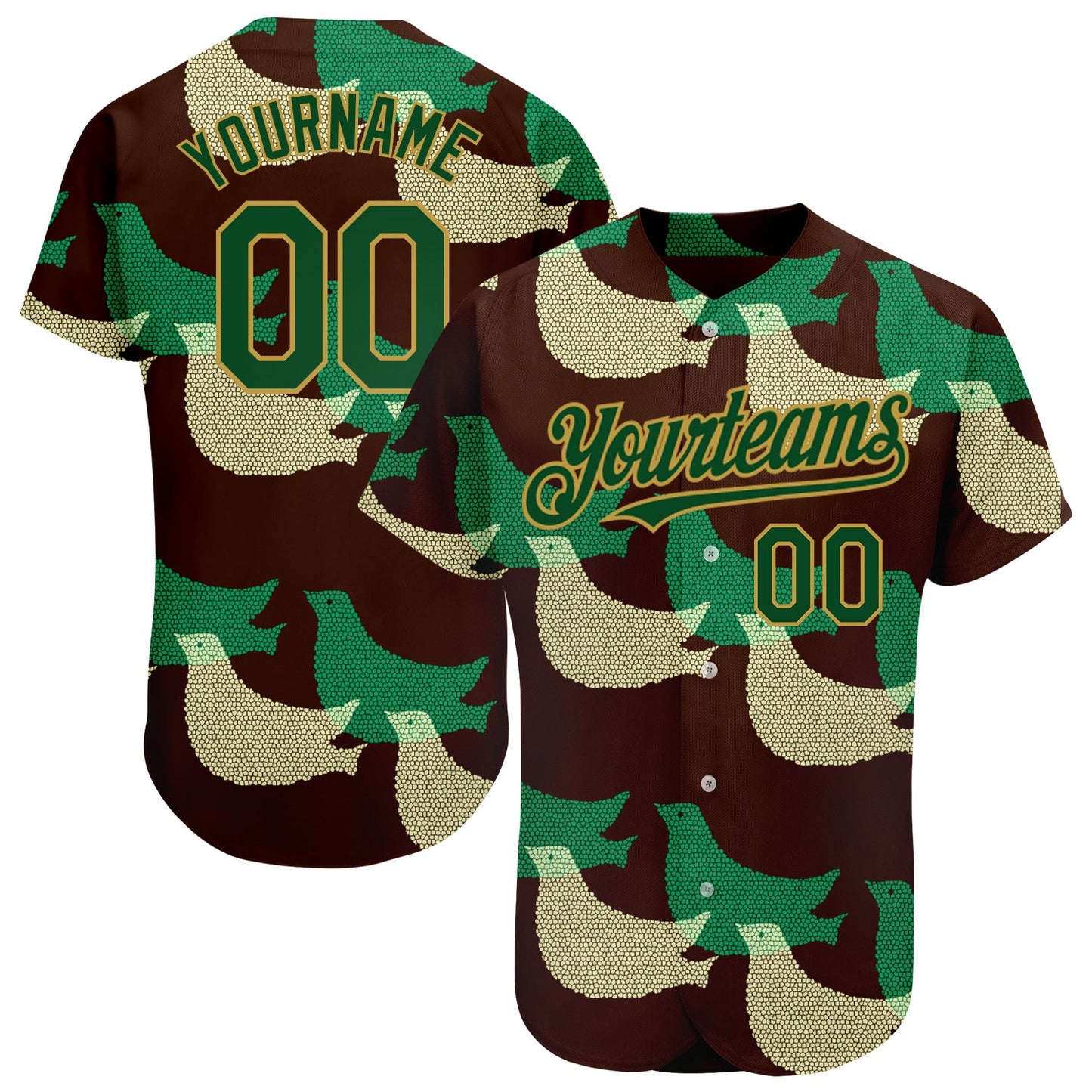 Custom Black Green-Old Gold 3D Pattern Design Bird Authentic Baseball Jersey - Main View