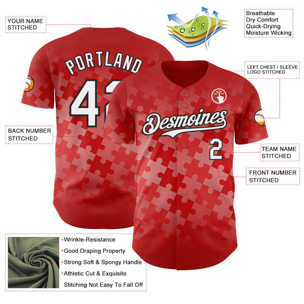 Custom Red White-Black Puzzle 3D Pattern Design Authentic Baseball Jersey view 3