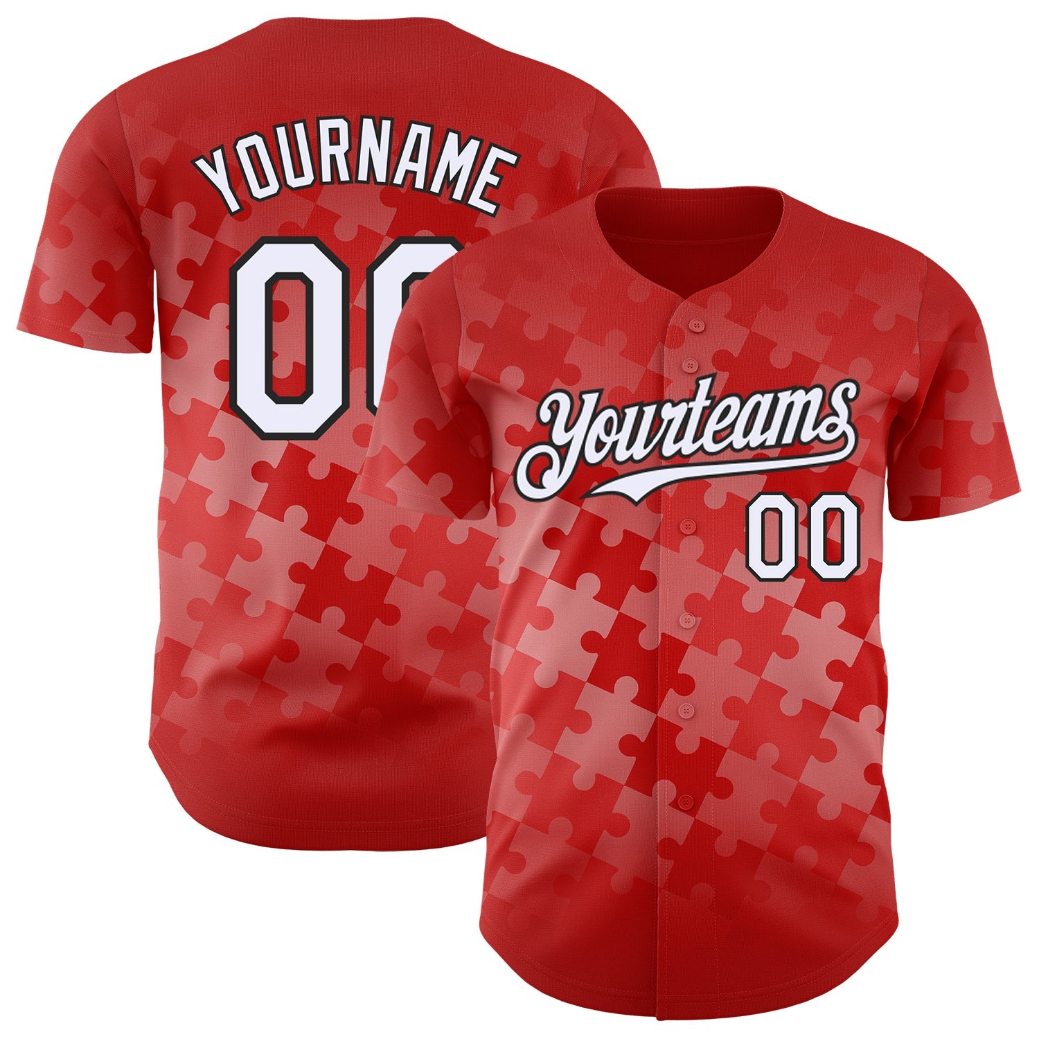 Custom Red White-Black Puzzle 3D Pattern Design Authentic Baseball Jersey - Main View