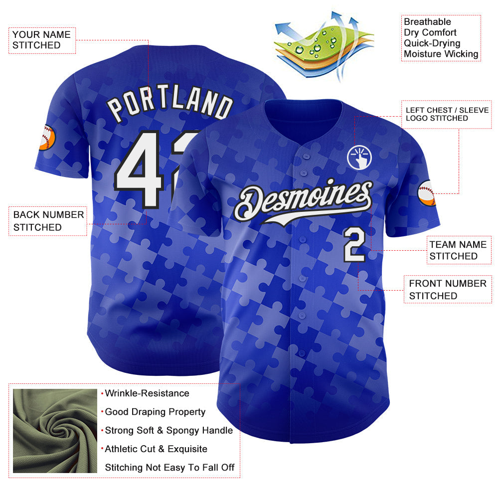 Custom Thunder Blue White-Black Puzzle 3D Pattern Design Authentic Baseball Jersey view 3