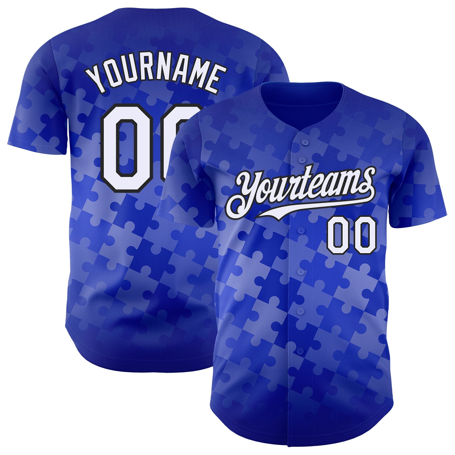 Custom Thunder Blue White-Black Puzzle 3D Pattern Design Authentic Baseball Jersey - Main View