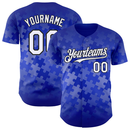 Custom Thunder Blue White-Black Puzzle 3D Pattern Design Authentic Baseball Jersey - Main View