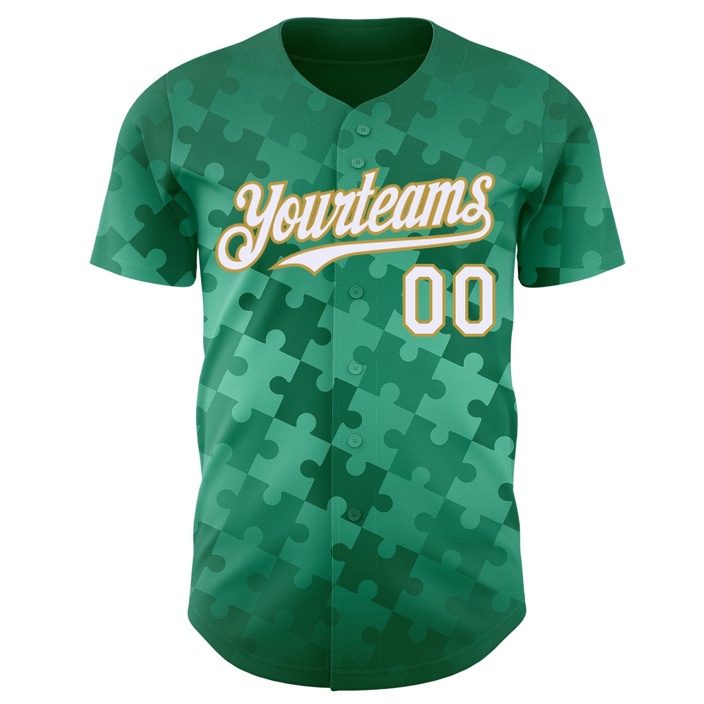 Custom Kelly Green White-Old Gold Puzzle 3D Pattern Design Authentic Baseball Jersey view 2