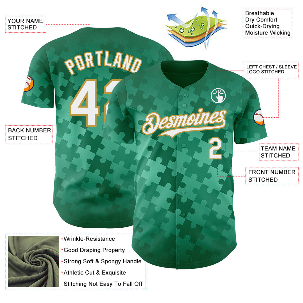Custom Kelly Green White-Old Gold Puzzle 3D Pattern Design Authentic Baseball Jersey view 3