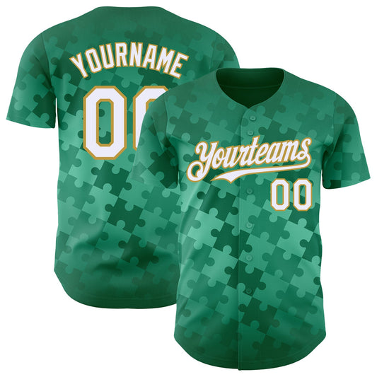 Custom Kelly Green White-Old Gold Puzzle 3D Pattern Design Authentic Baseball Jersey - Main View