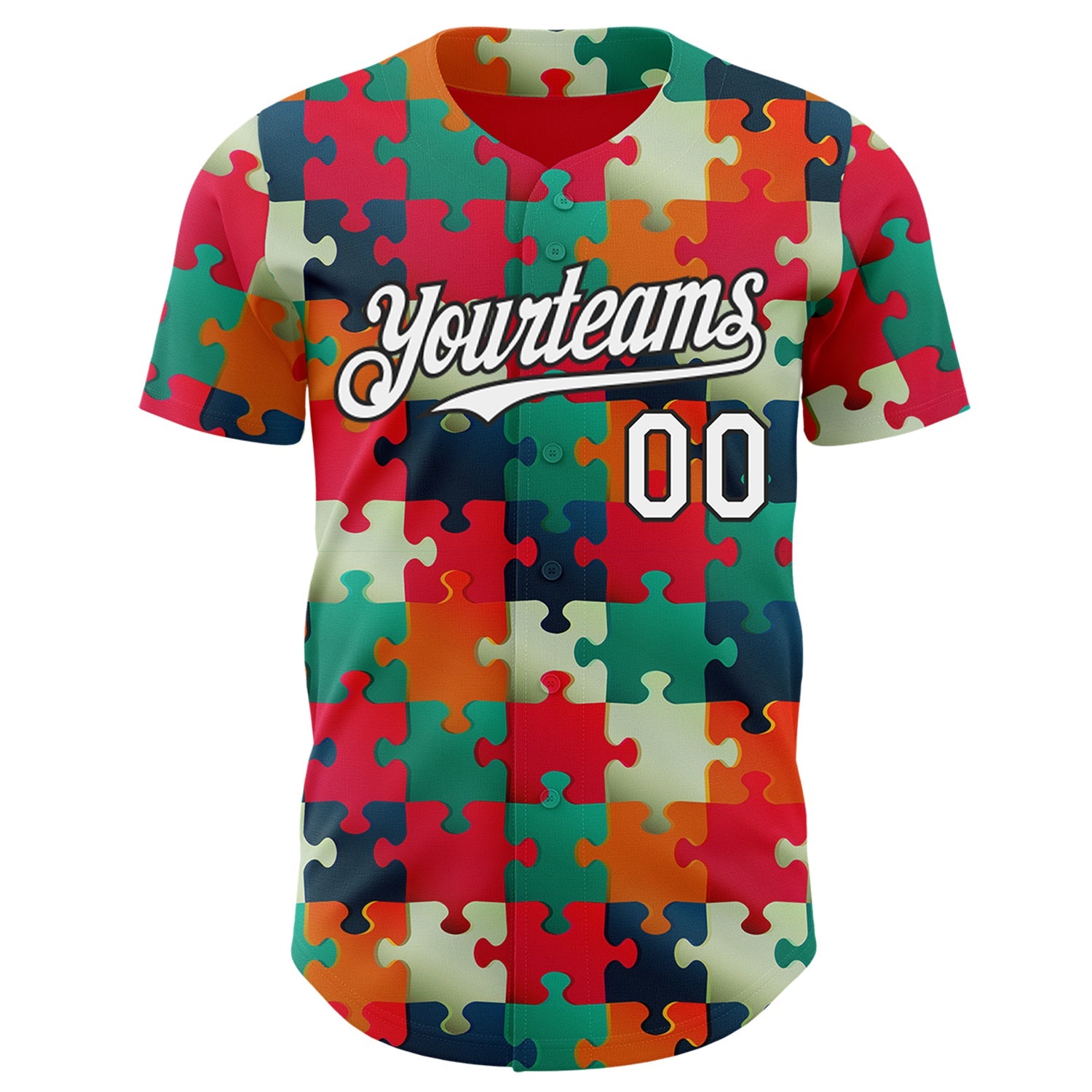 Custom Red White-Black Puzzle 3D Pattern Design Authentic Baseball Jersey view 2