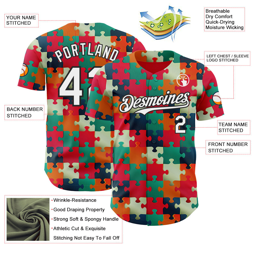 Custom Red White-Black Puzzle 3D Pattern Design Authentic Baseball Jersey view 3