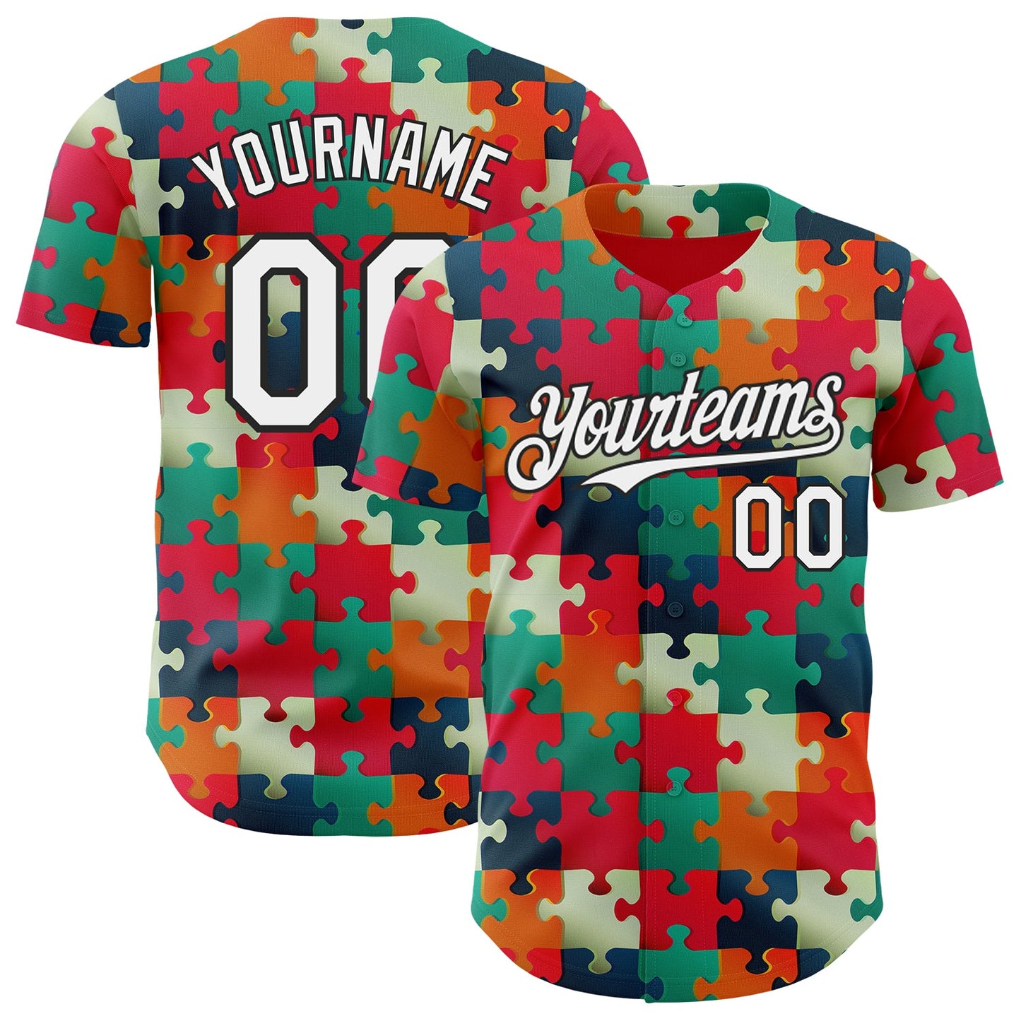 Custom Red White-Black Puzzle 3D Pattern Design Authentic Baseball Jersey - Main View