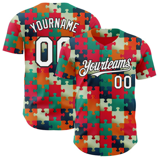 Custom Red White-Black Puzzle 3D Pattern Design Authentic Baseball Jersey - Main View