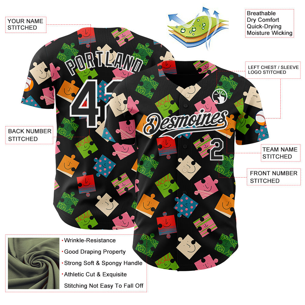 Custom Black-White Puzzle 3D Pattern Design Authentic Baseball Jersey view 3