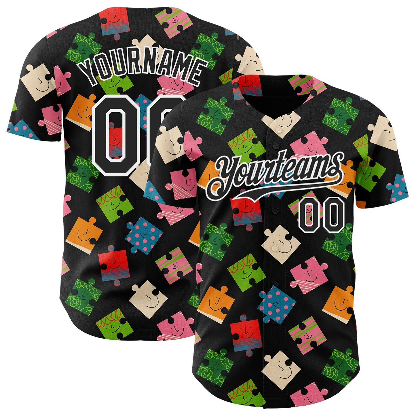 Custom Black-White Puzzle 3D Pattern Design Authentic Baseball Jersey - Main View