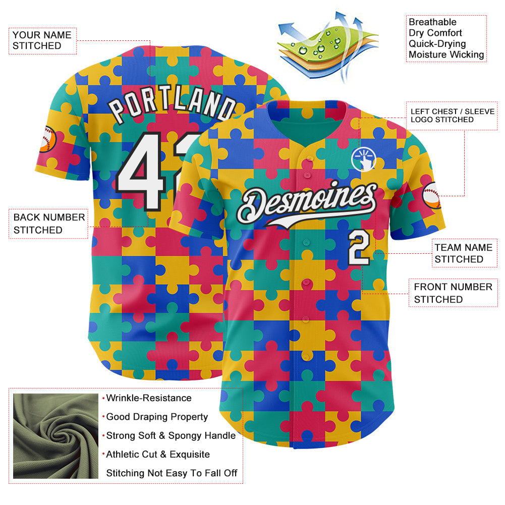 Custom Teal White-Black Puzzle 3D Pattern Design Authentic Baseball Jersey view 3