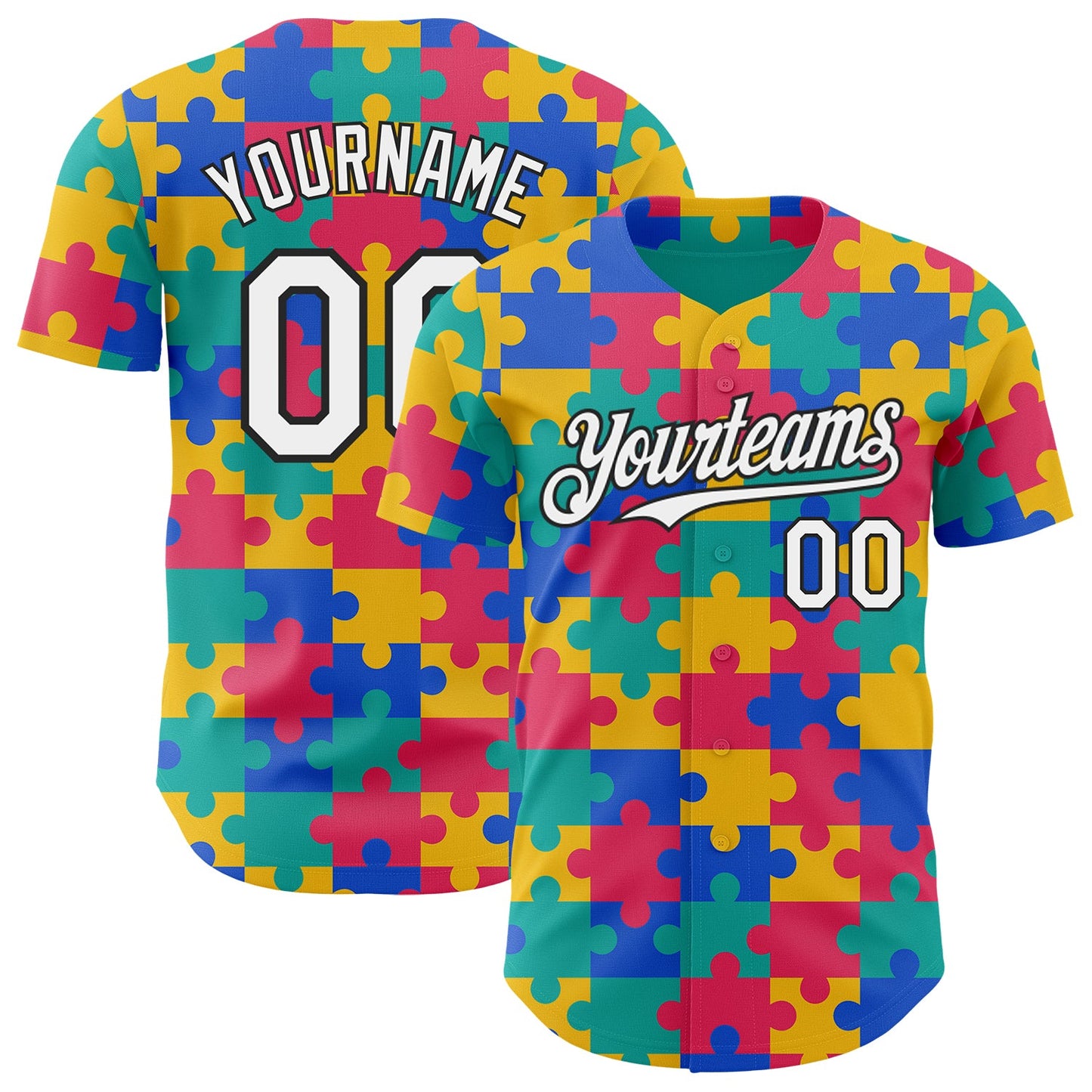 Custom Teal White-Black Puzzle 3D Pattern Design Authentic Baseball Jersey - Main View
