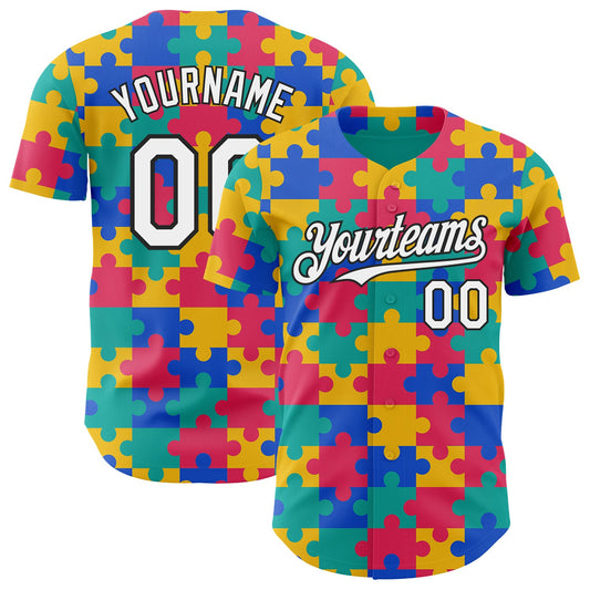 Custom Teal White-Black Puzzle 3D Pattern Design Authentic Baseball Jersey - Main View