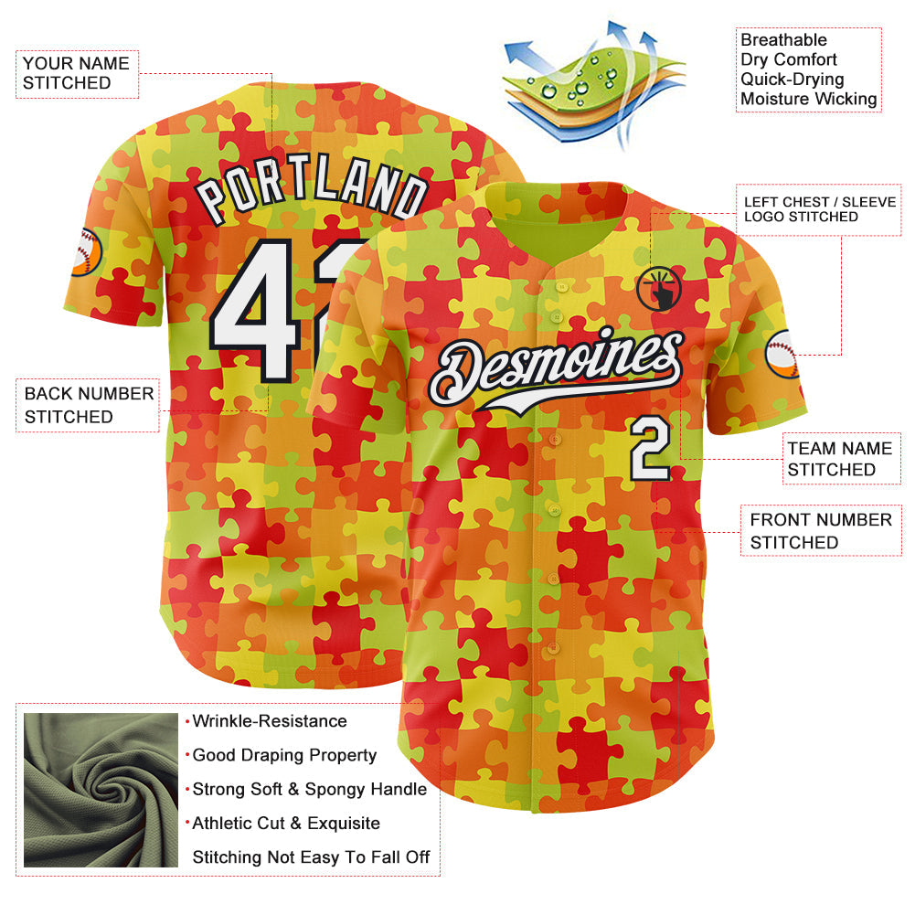 Custom Green White Red-Black Puzzle 3D Pattern Design Authentic Baseball Jersey view 3