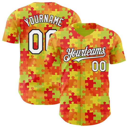 Custom Green White Red-Black Puzzle 3D Pattern Design Authentic Baseball Jersey - Main View