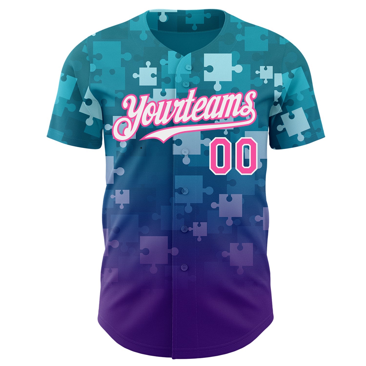 Custom Teal Pink Purple-White Gradient Puzzle 3D Pattern Design Authentic Baseball Jersey view 2