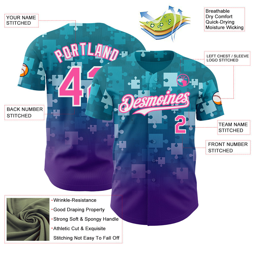 Custom Teal Pink Purple-White Gradient Puzzle 3D Pattern Design Authentic Baseball Jersey view 3