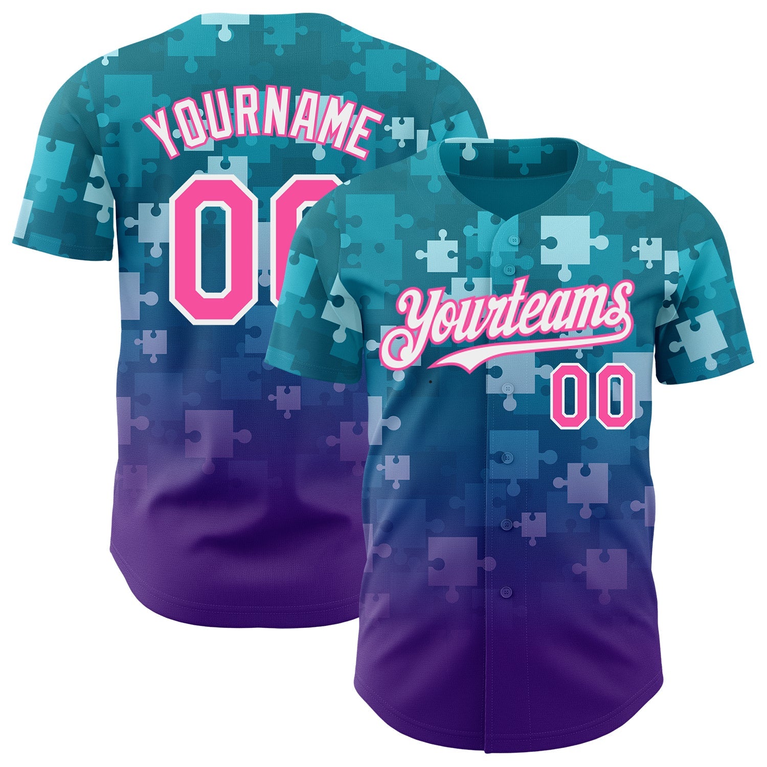 Custom Teal Pink Purple-White Gradient Puzzle 3D Pattern Design Authentic Baseball Jersey - Main View