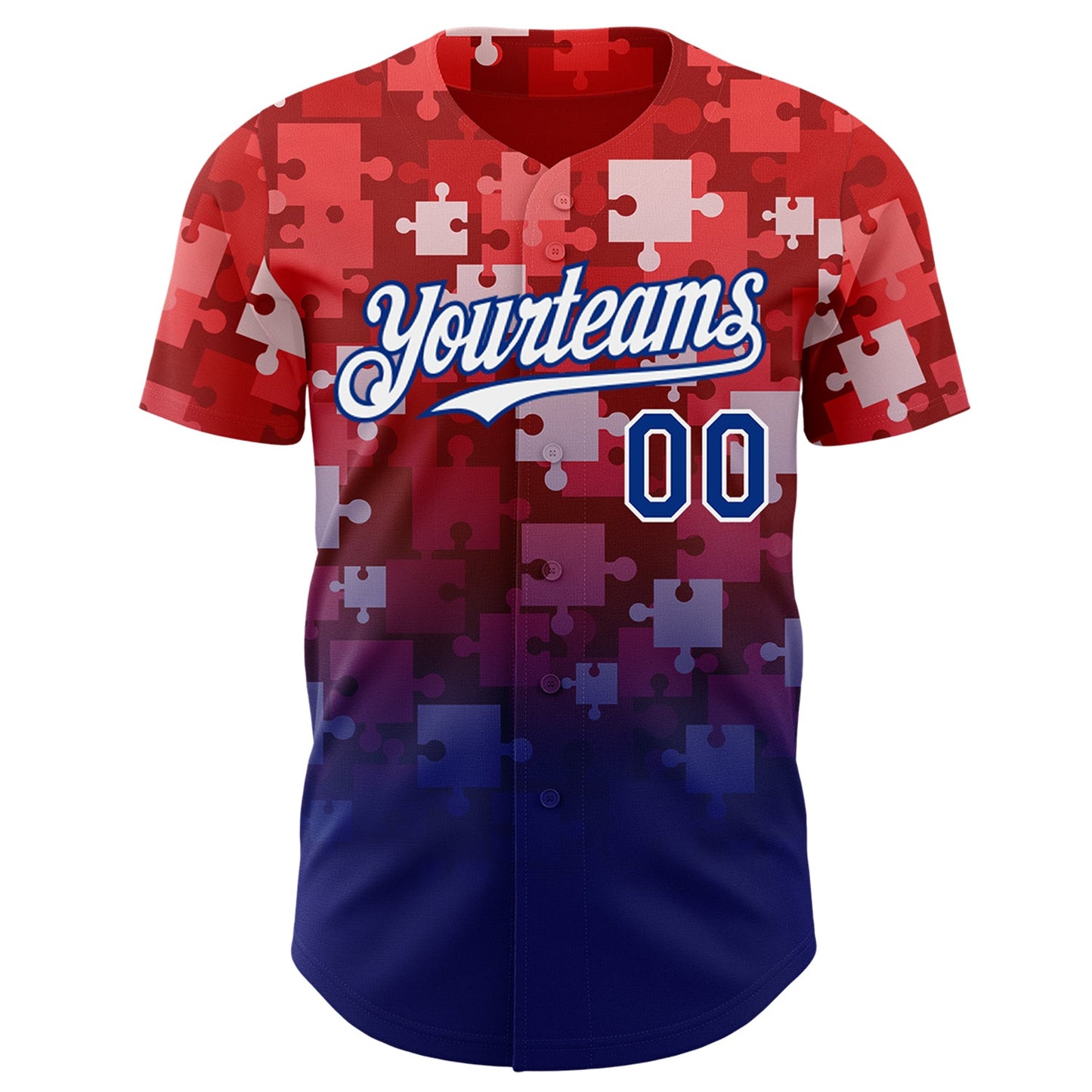 Custom Red Royal-White Gradient Puzzle 3D Pattern Design Authentic Baseball Jersey view 2