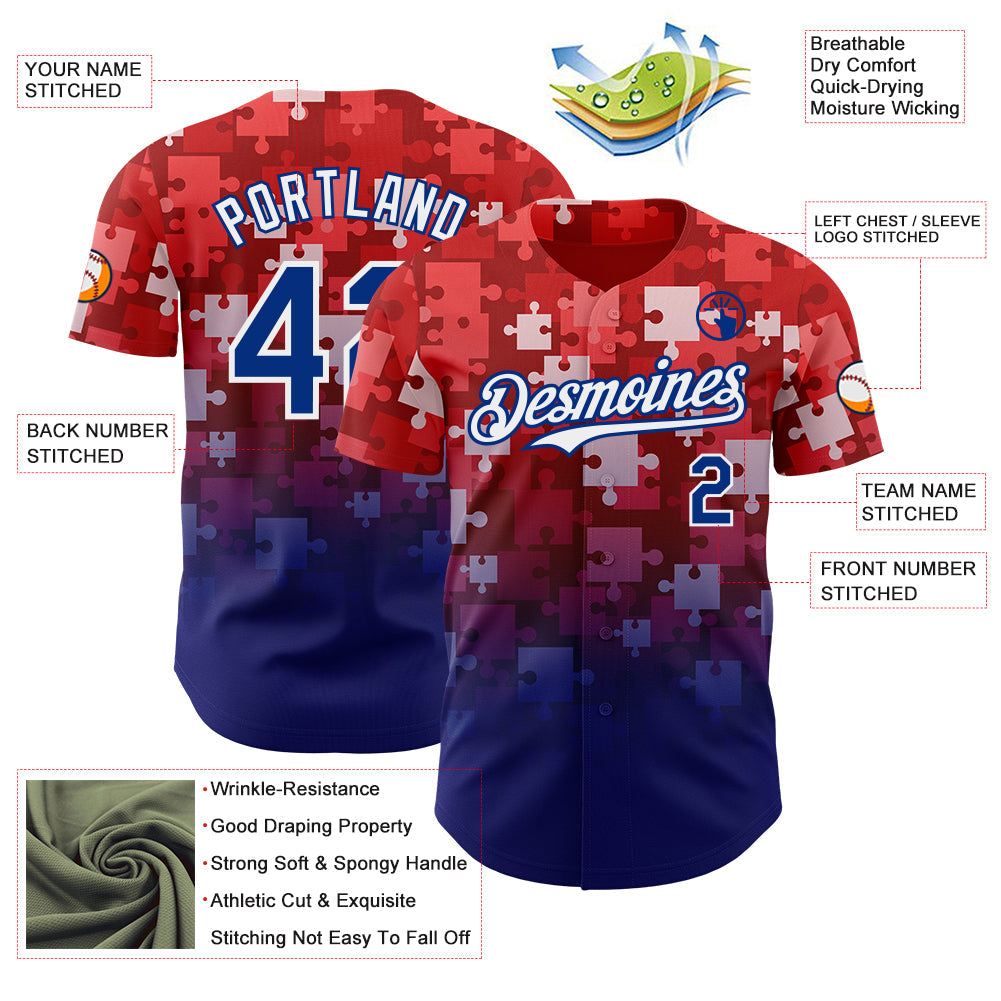 Custom Red Royal-White Gradient Puzzle 3D Pattern Design Authentic Baseball Jersey view 3