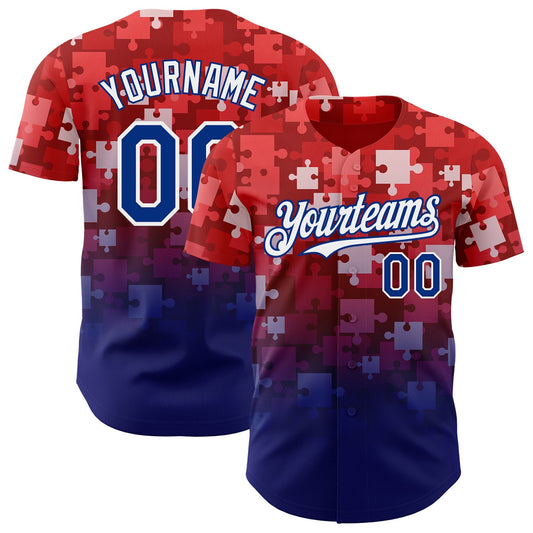 Custom Red Royal-White Gradient Puzzle 3D Pattern Design Authentic Baseball Jersey - Main View