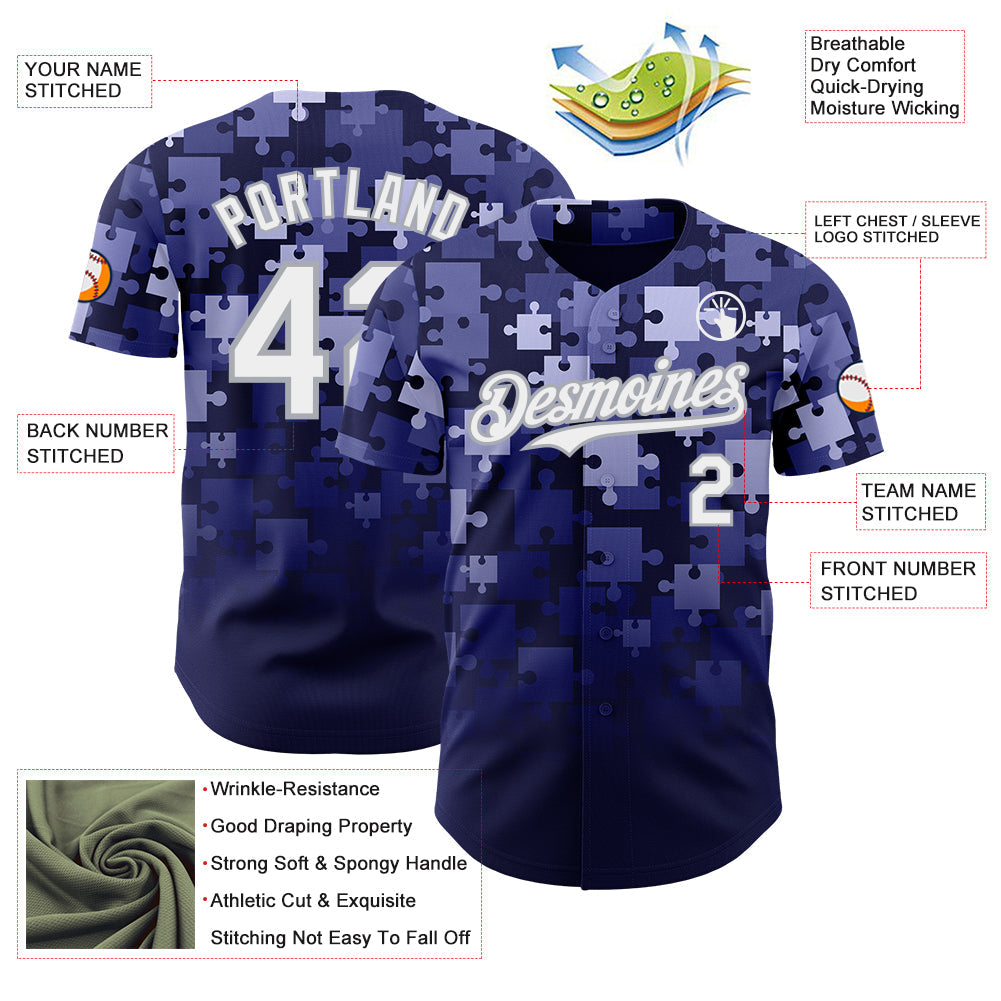 Custom Blue White Navy-Gray Gradient Puzzle 3D Pattern Design Authentic Baseball Jersey view 3