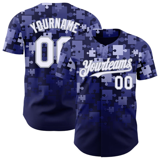 Custom Blue White Navy-Gray Gradient Puzzle 3D Pattern Design Authentic Baseball Jersey - Main View