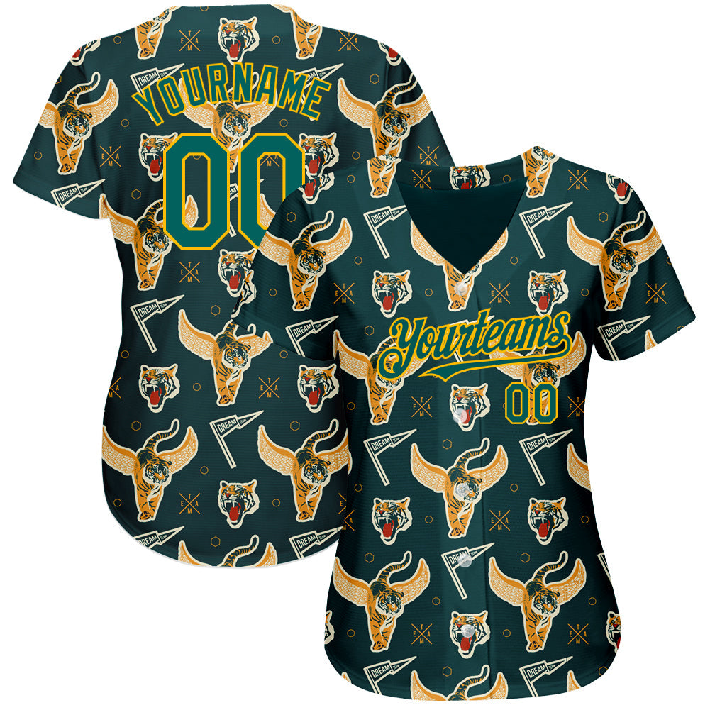 Custom Black Midnight Green-Gold 3D Pattern Design Tiger Authentic Baseball Jersey view 2