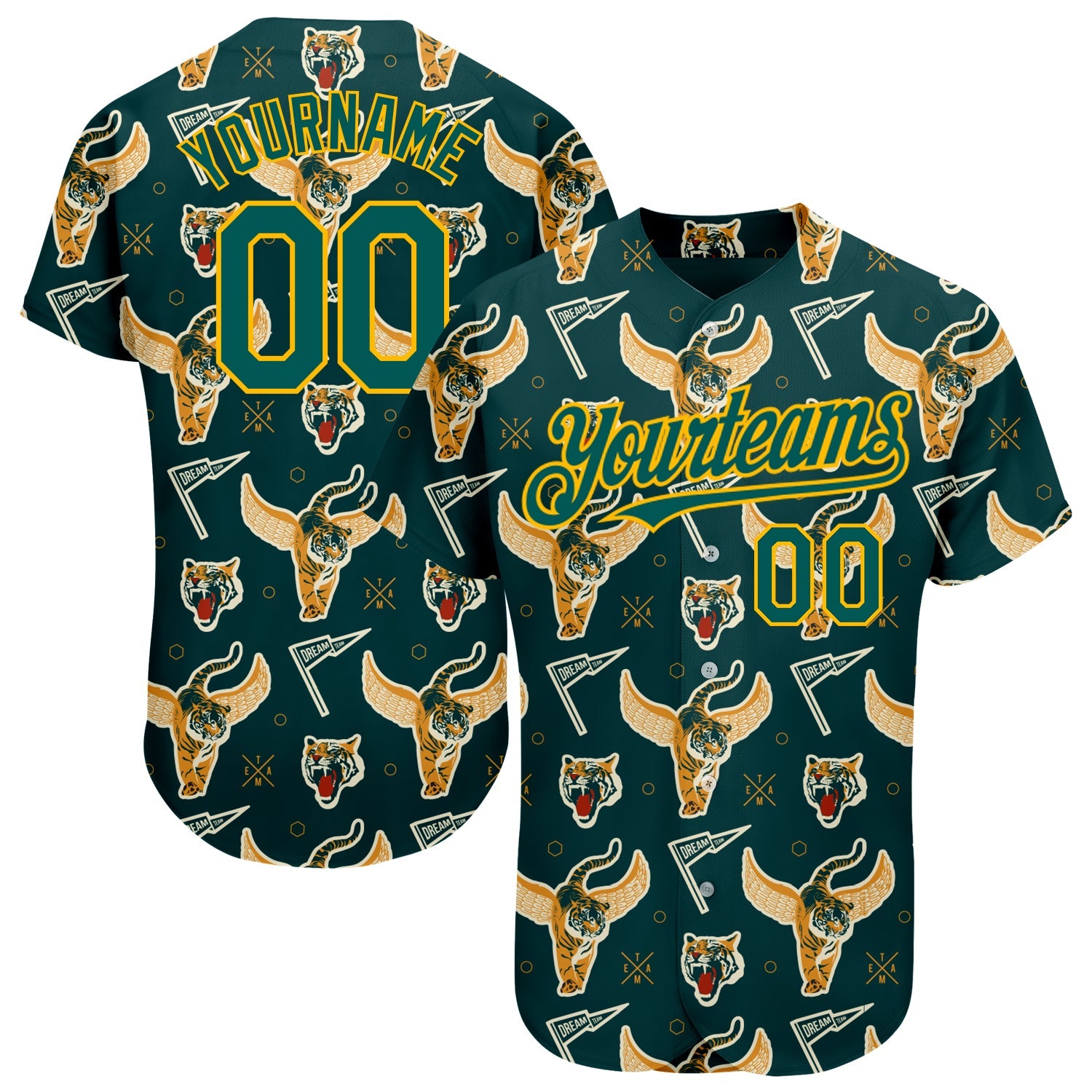 Custom Black Midnight Green-Gold 3D Pattern Design Tiger Authentic Baseball Jersey - Main View