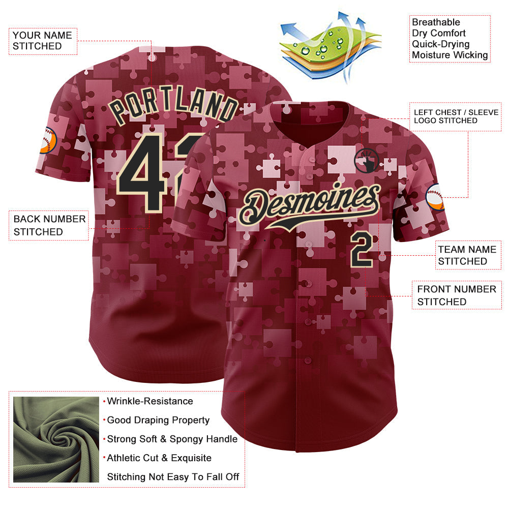 Custom Crimson Black-Cream Puzzle 3D Pattern Design Authentic Baseball Jersey view 3