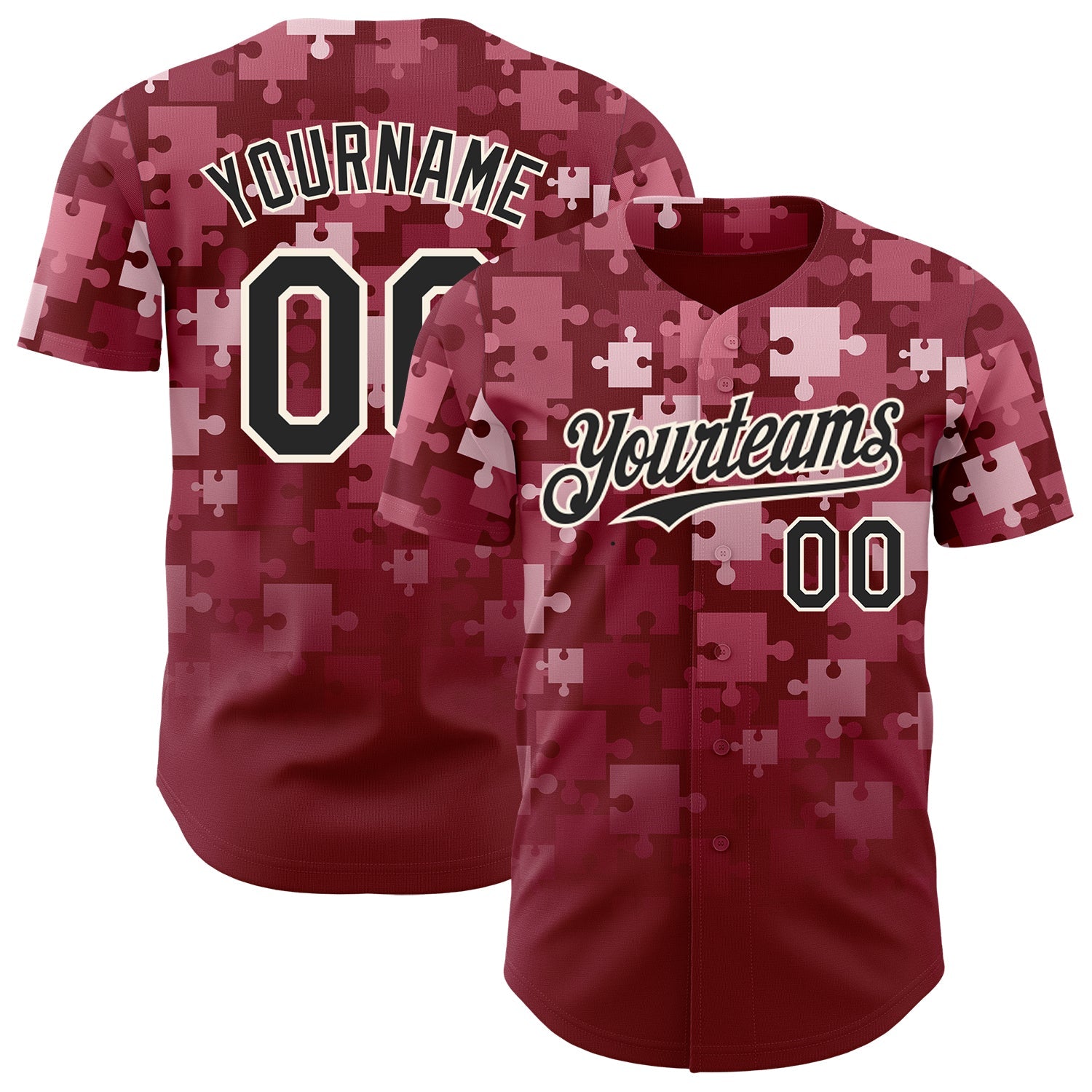 Custom Crimson Black-Cream Puzzle 3D Pattern Design Authentic Baseball Jersey - Main View