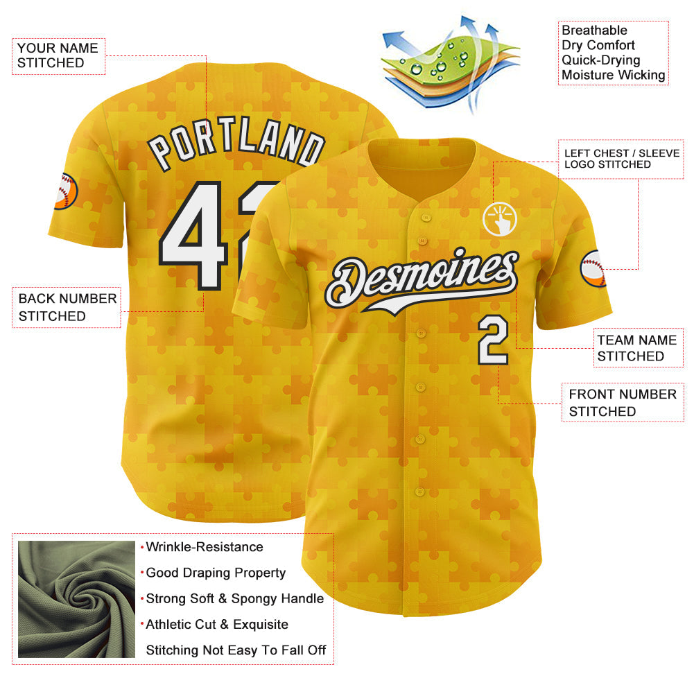 Custom Gold White-Black Puzzle 3D Pattern Design Authentic Baseball Jersey view 3