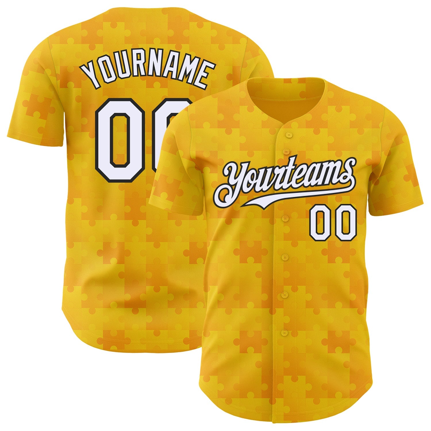 Custom Gold White-Black Puzzle 3D Pattern Design Authentic Baseball Jersey - Main View