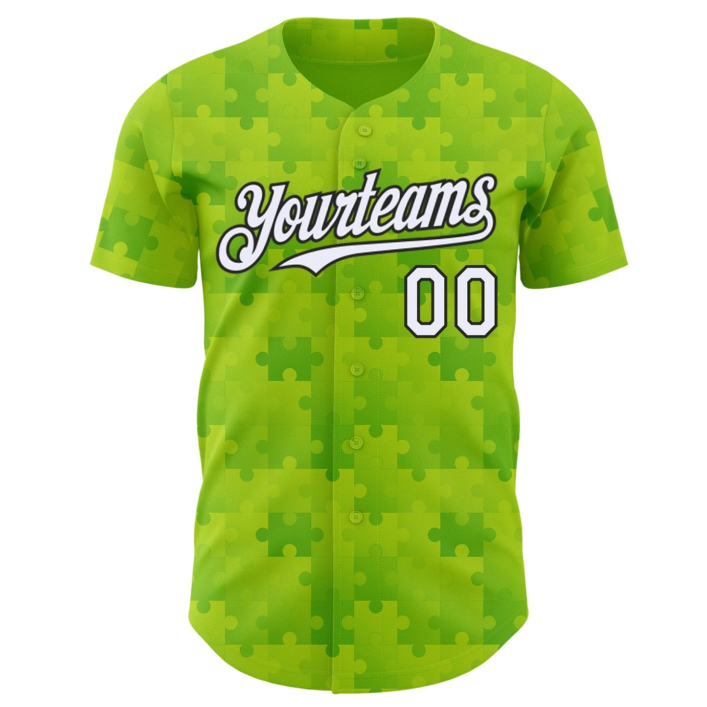 Custom Neon Green White-Black Puzzle 3D Pattern Design Authentic Baseball Jersey view 2