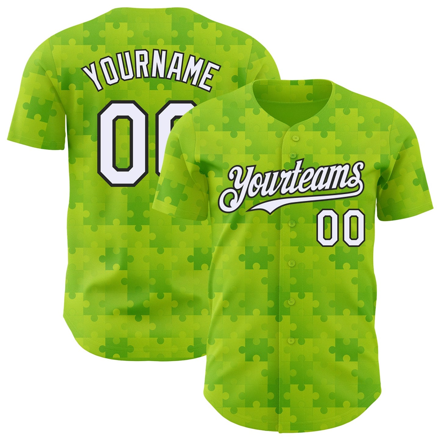 Custom Neon Green White-Black Puzzle 3D Pattern Design Authentic Baseball Jersey - Main View