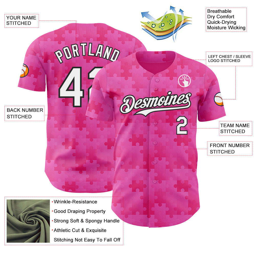 Custom Pink White-Black Puzzle 3D Pattern Design Authentic Baseball Jersey view 3