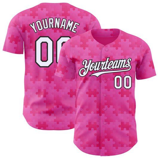 Custom Pink White-Black Puzzle 3D Pattern Design Authentic Baseball Jersey - Main View